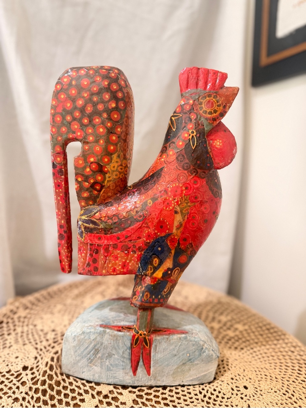 Wooden Rooster Sculpture Vittorio Zecchin Inspired Decoupage Folk Art 15”